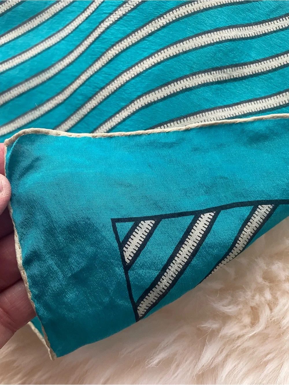 Vintage Square Silk Scarf Neckerchief Teal Blue Geometric Stripe Pattern